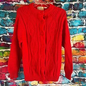 Vintage 60s Lady Deeds Chunky Knit Cardigan Sweater Red Large